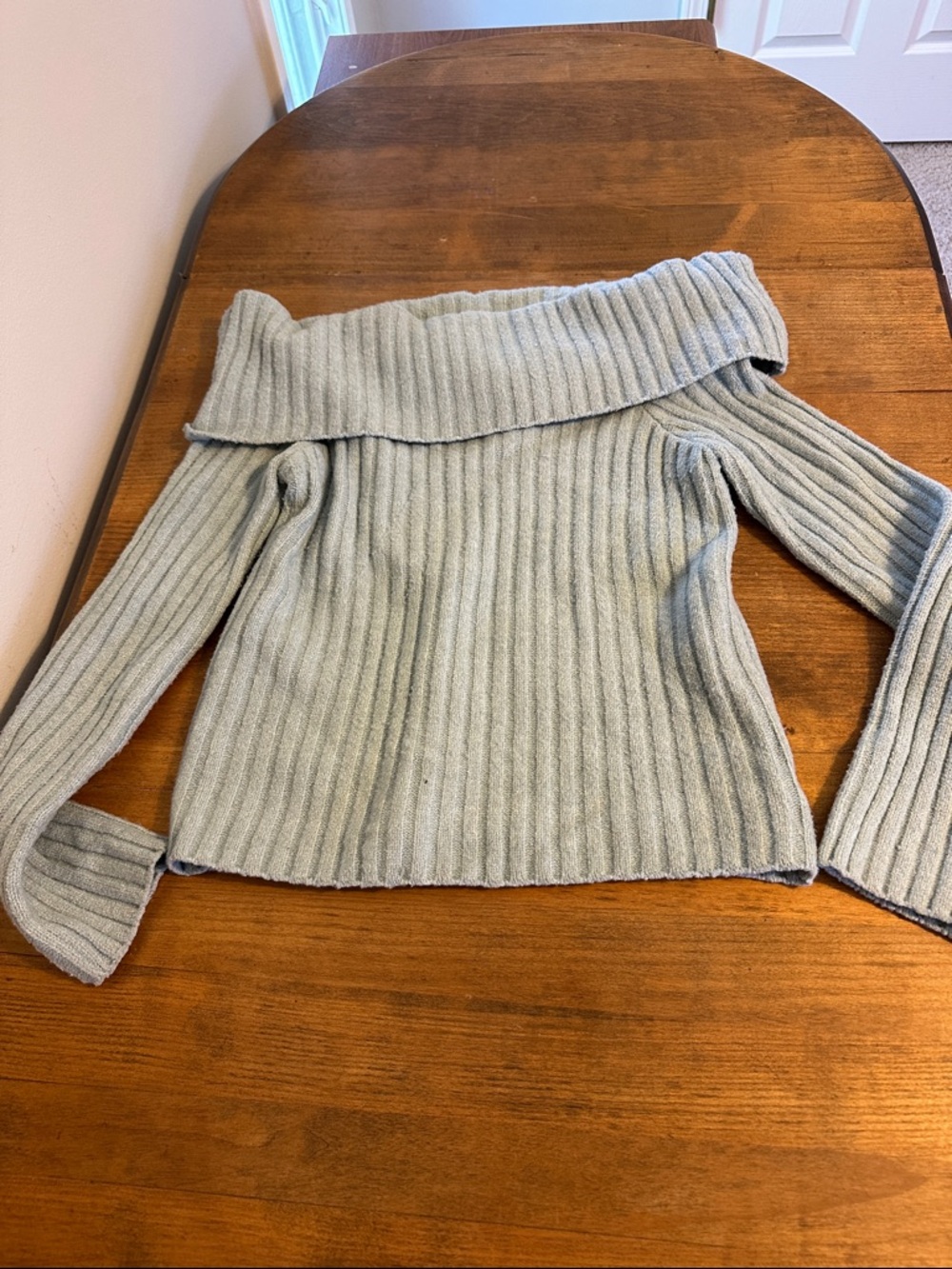 Pink Rose Off-the-Shoulder Ribbed Sweater in Light Blue-Grey